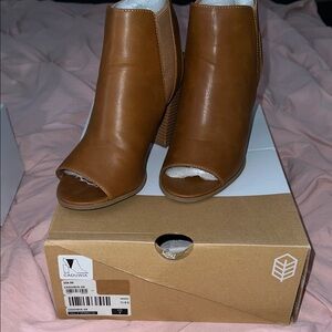 Call It Spring Tan Peep-Toe Stacked Heel Mules